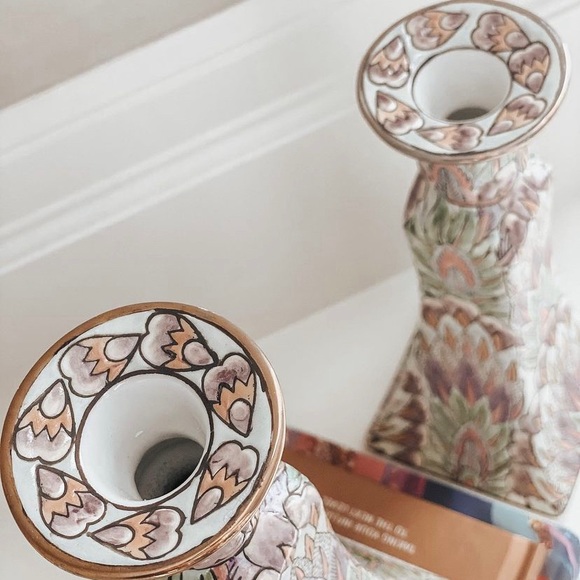 Vintage Chinoiserie Candle Holders Pastel Textured Boho Decor - Picture 8 of 8